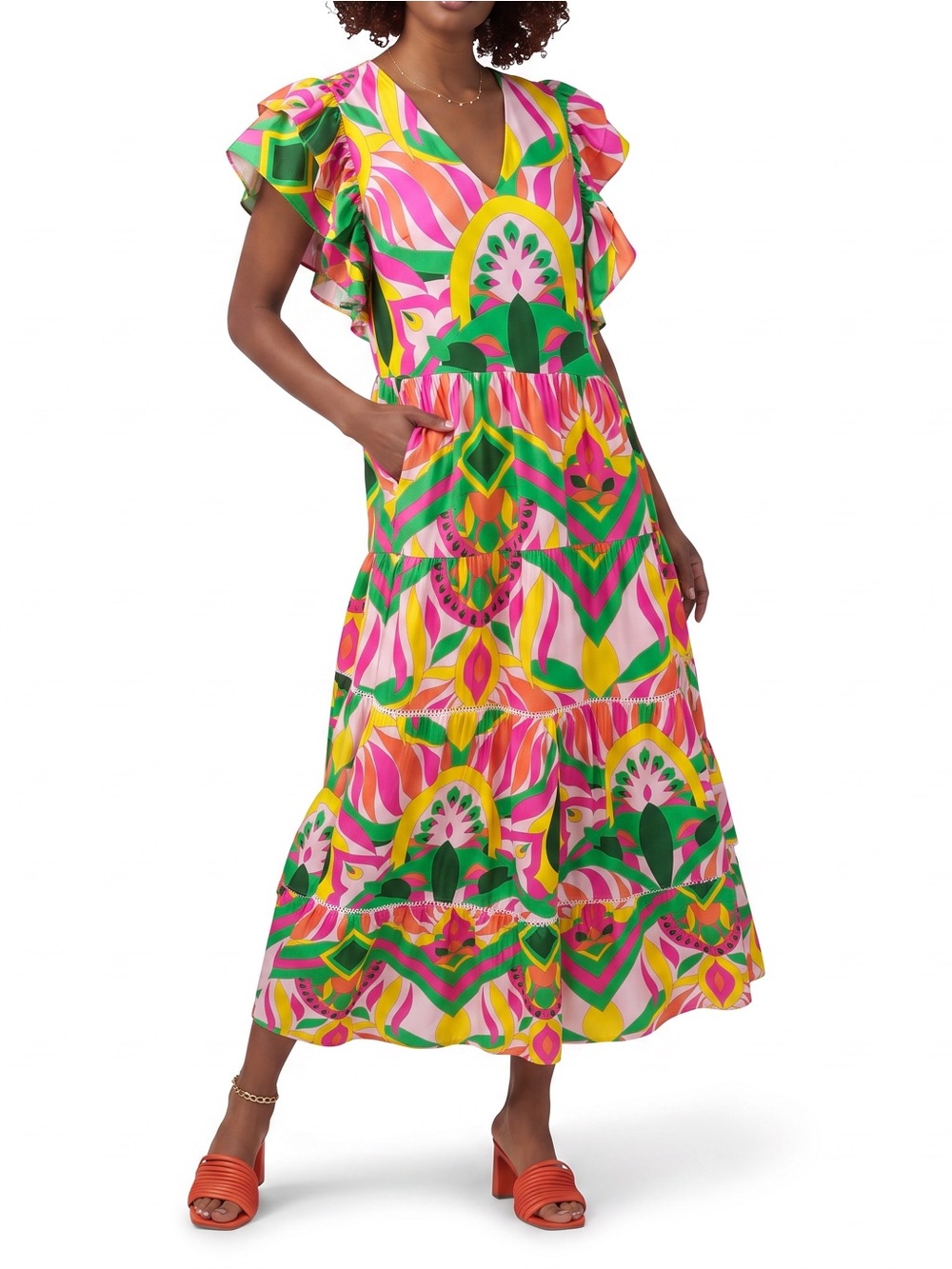 JADE by Melody Tam XL Tropical Abstract Tiered Maxi Dress Flutter Sleeve Pockets